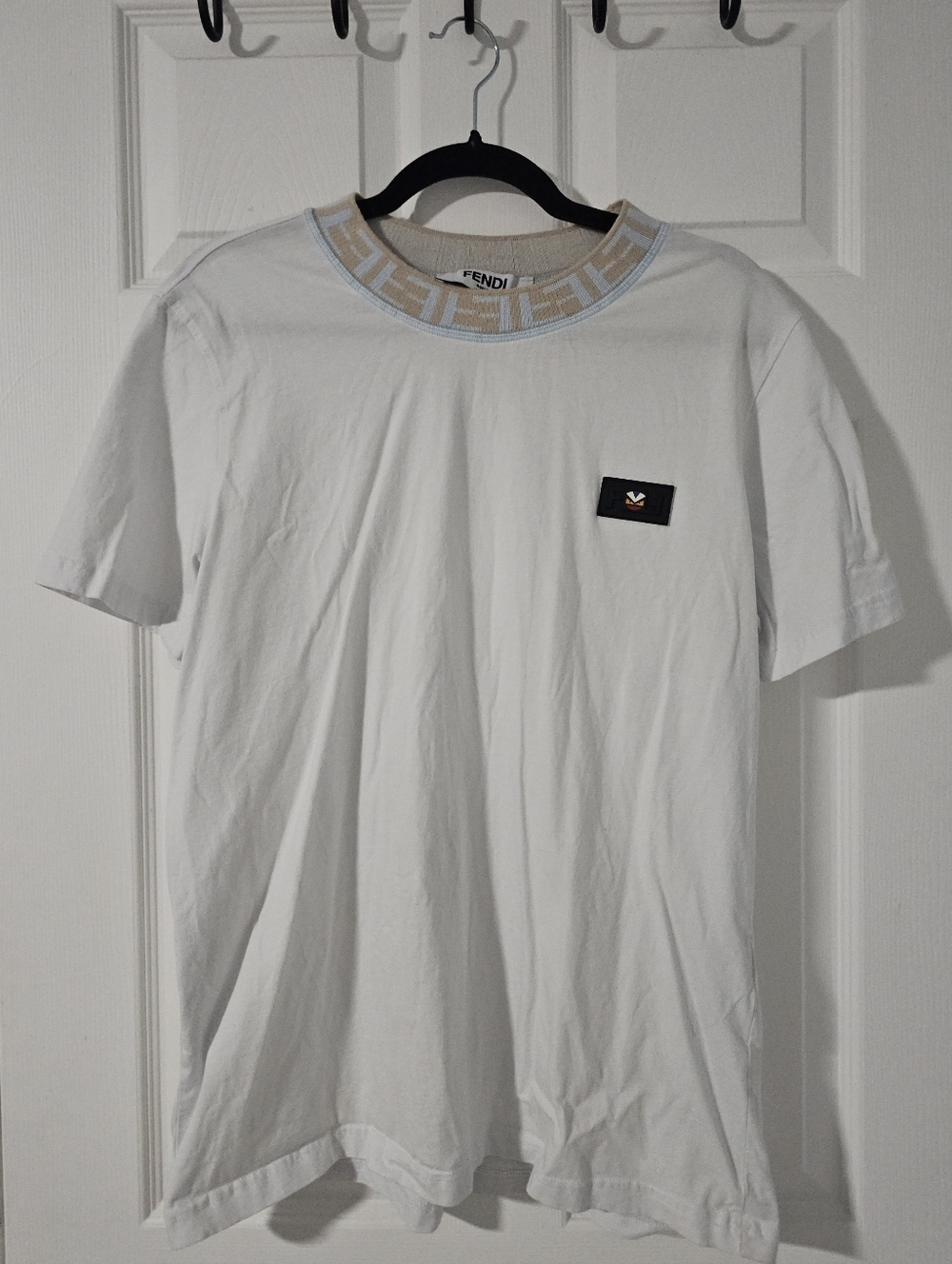 Fendi White Crew Neck Short-Sleeve Logo Tee with Beige Trim